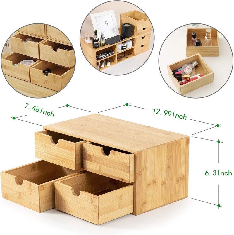 Wisuce Bamboo Desk Organizer - Mini Desktop Drawer Tabletop Storage Organization Box for Office Home Toiletries Supplies, No Assembly Required (4 Drawer) - Image 5